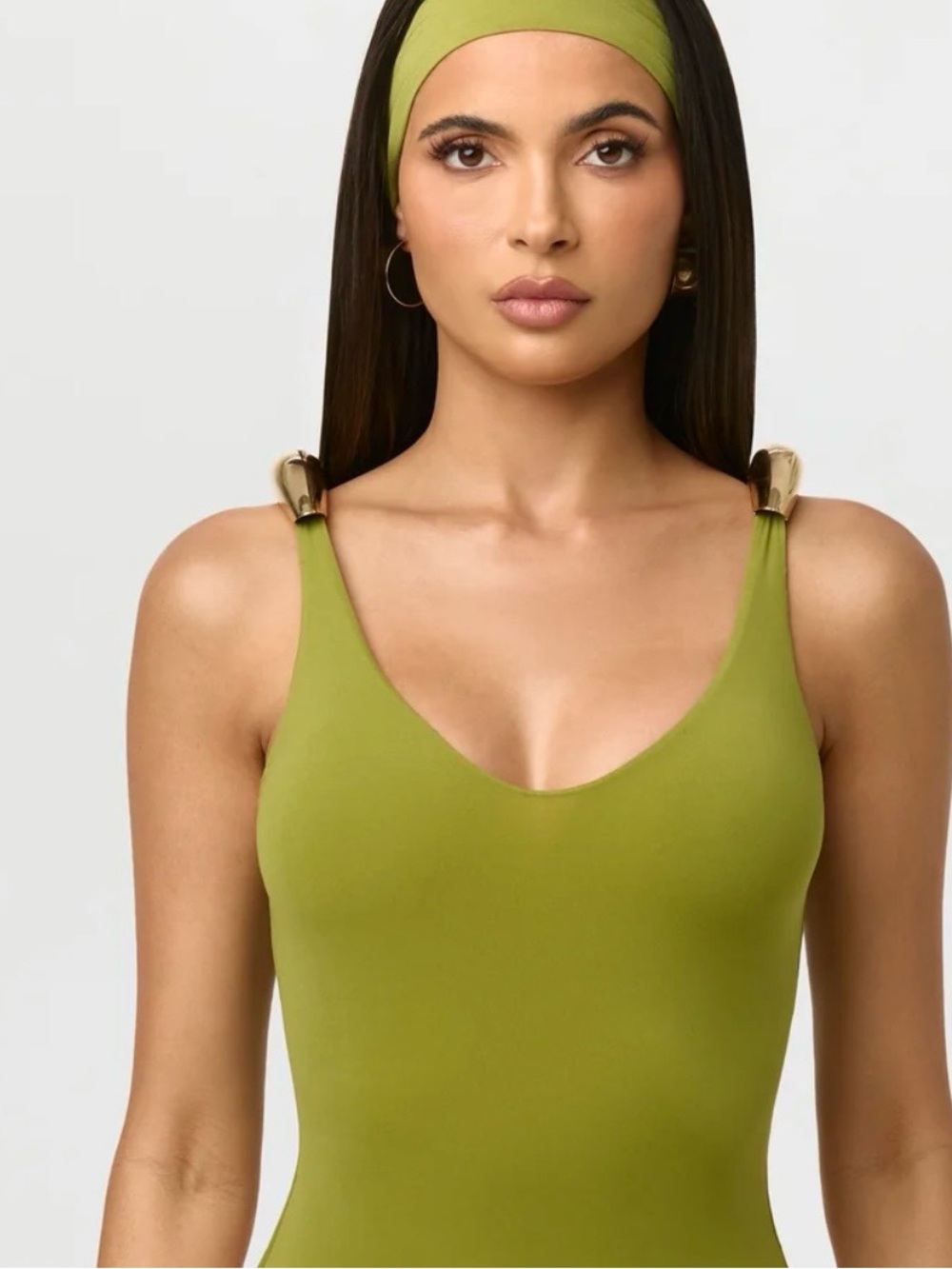 Naked Wardrobe Green V-Neck Bodysuit with Gold Metal Strap Accents